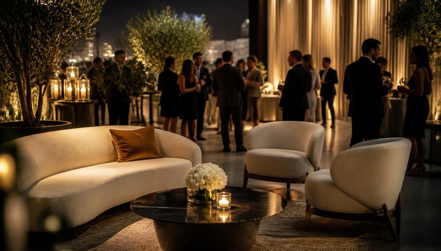 An elegant brand lounge at an evening event, warm lighting and modern furniture