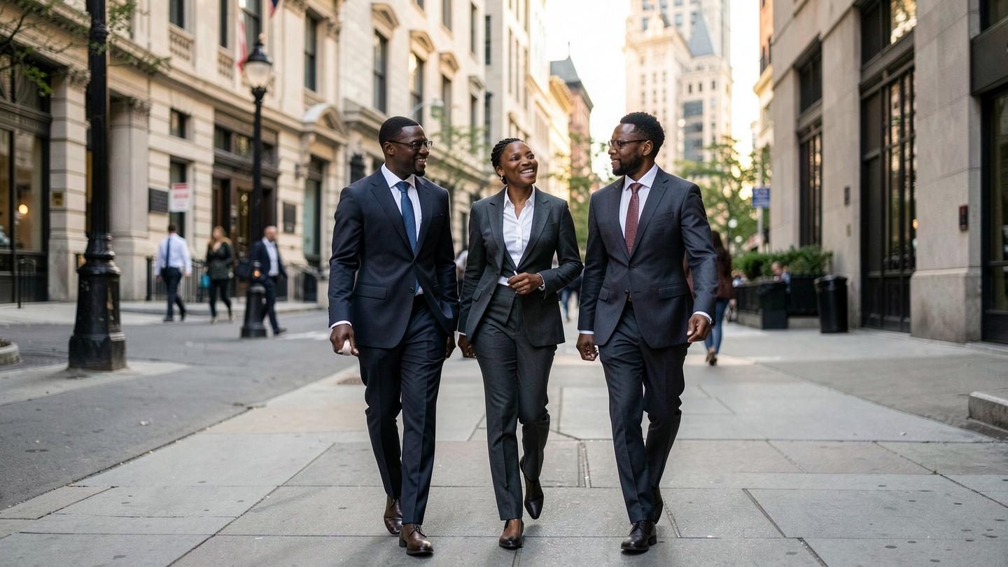 Three Black professionals in tailored suits walking and talking together on a Washington, DC sidewalk