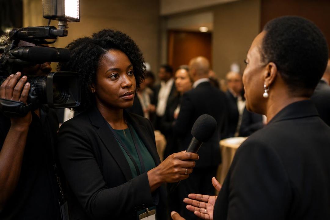 A Black woman journalist interviewing a speaker at a conference press area