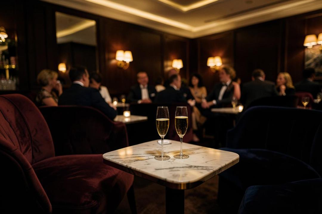 Champagne on a marble table in a dark, elegant private lounge