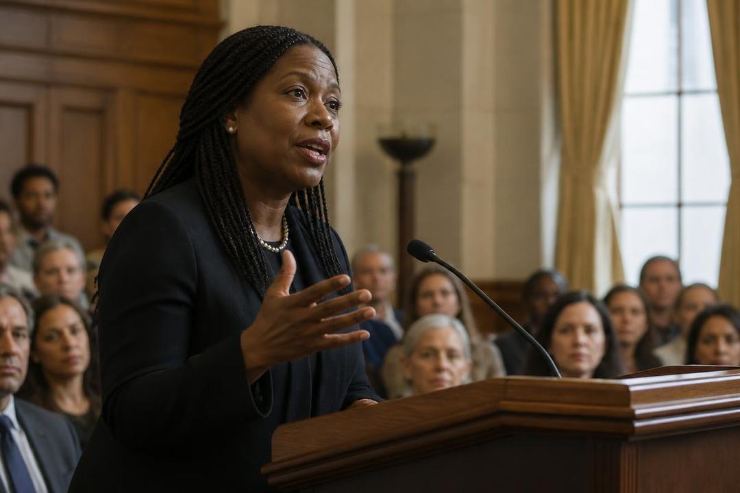 A Black woman speaking at a lectern to an audience in a historic hearing room