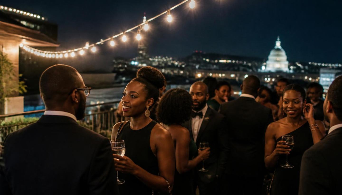 Guests in evening attire at a rooftop reception at night with the DC skyline behind them