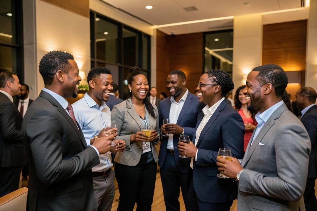 Black professionals laughing together with drinks at an evening networking mixer