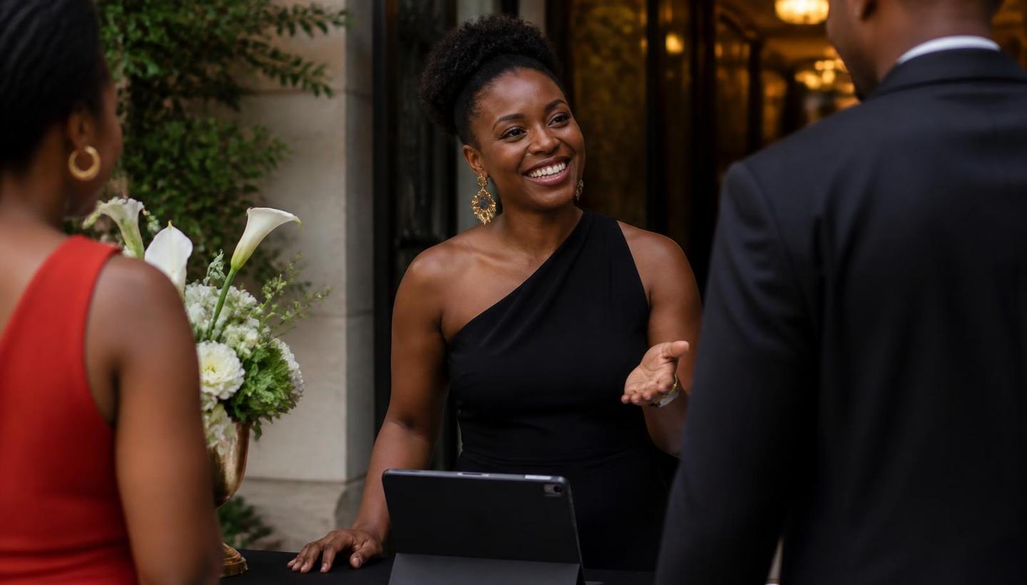 A Black woman host welcoming guests at an event check-in table