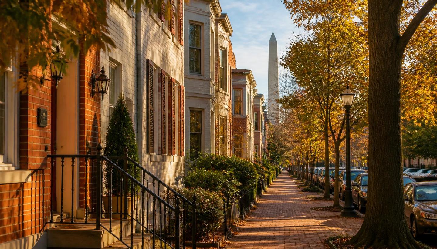 A tree-lined Washington, DC rowhouse street in autumn with the Washington Monument beyond