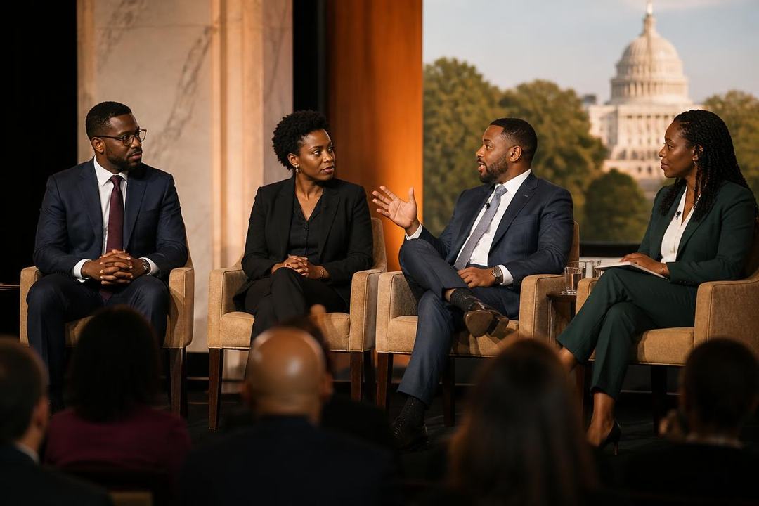 Black panelists in conversation on stage at a Washington, DC policy summit