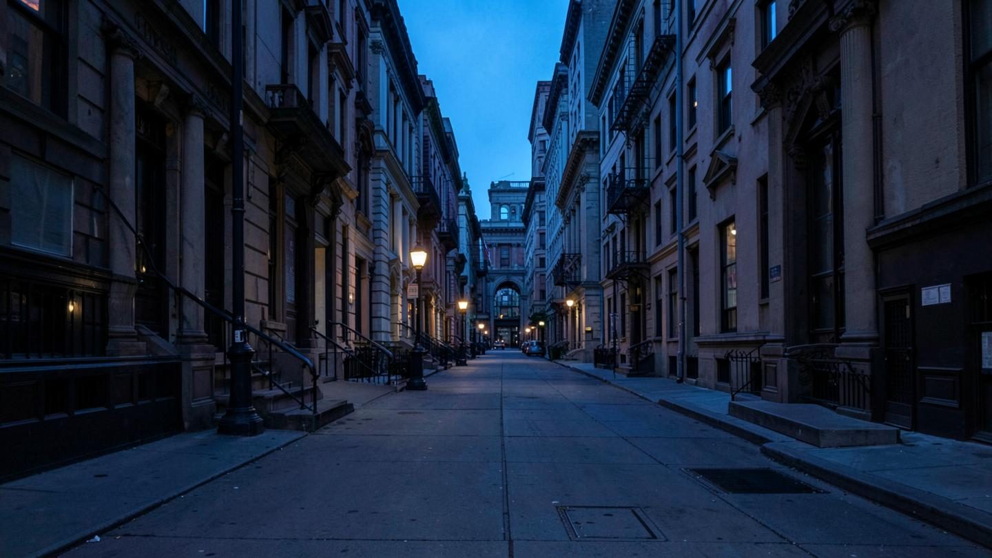 A quiet historic Washington, DC block at blue hour with glowing street lamps and an empty sidewalk