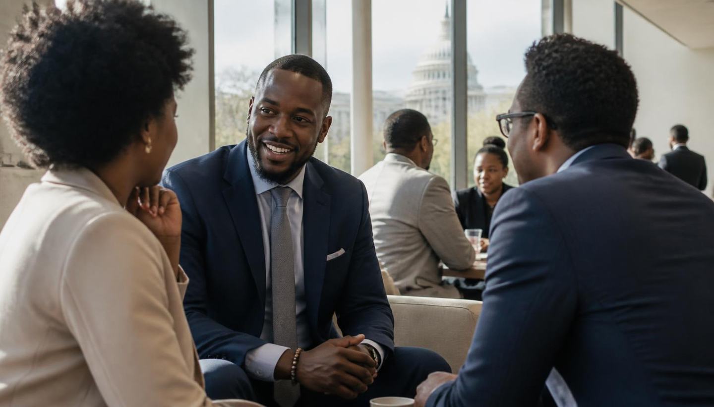 Black professionals in suits talking in a sunlit Washington, DC conference lounge