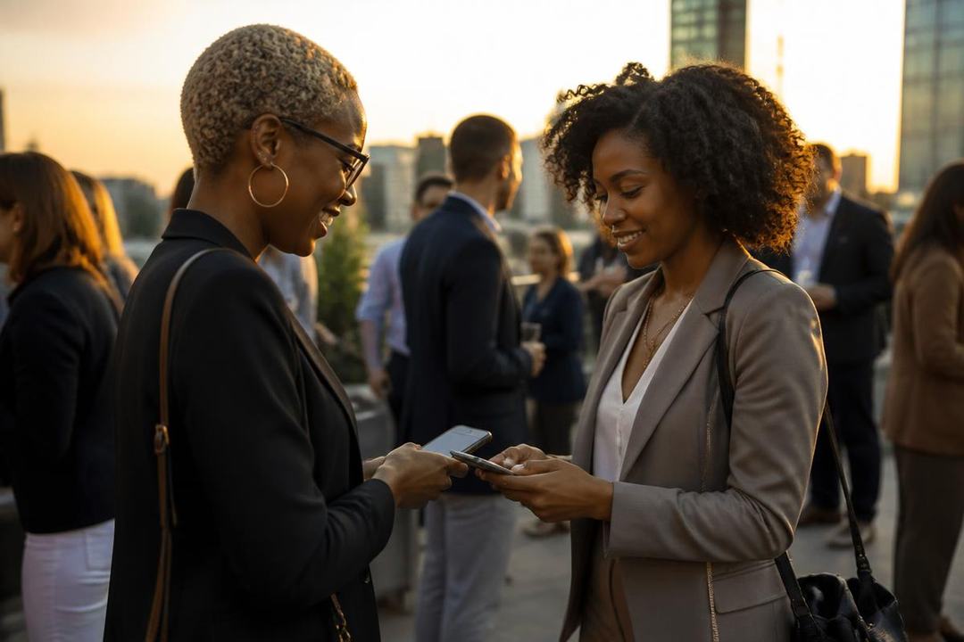 Two Black professional women exchanging contacts at a rooftop reception at golden hour