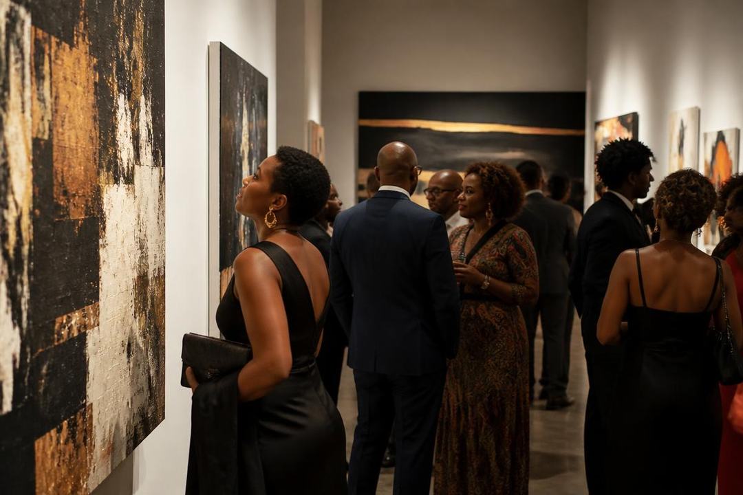 Guests viewing large abstract paintings at an art gallery opening