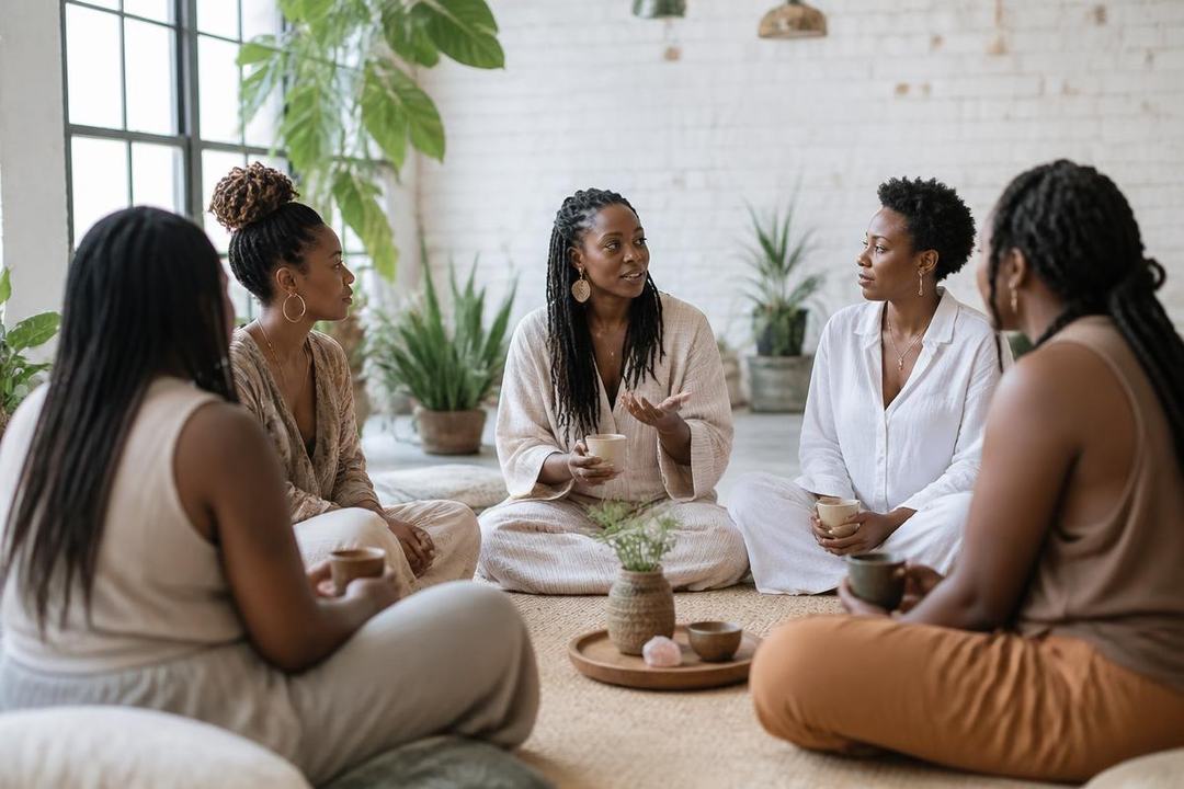 Black women in a calm wellness circle in a bright studio with plants