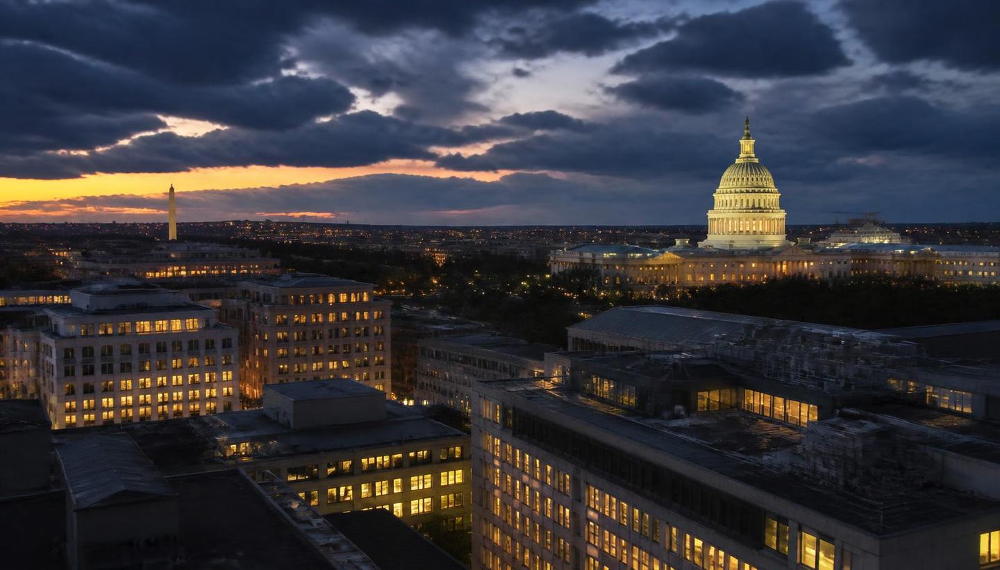 The Washington, DC skyline at dusk with the US Capitol dome lit against a dramatic sky