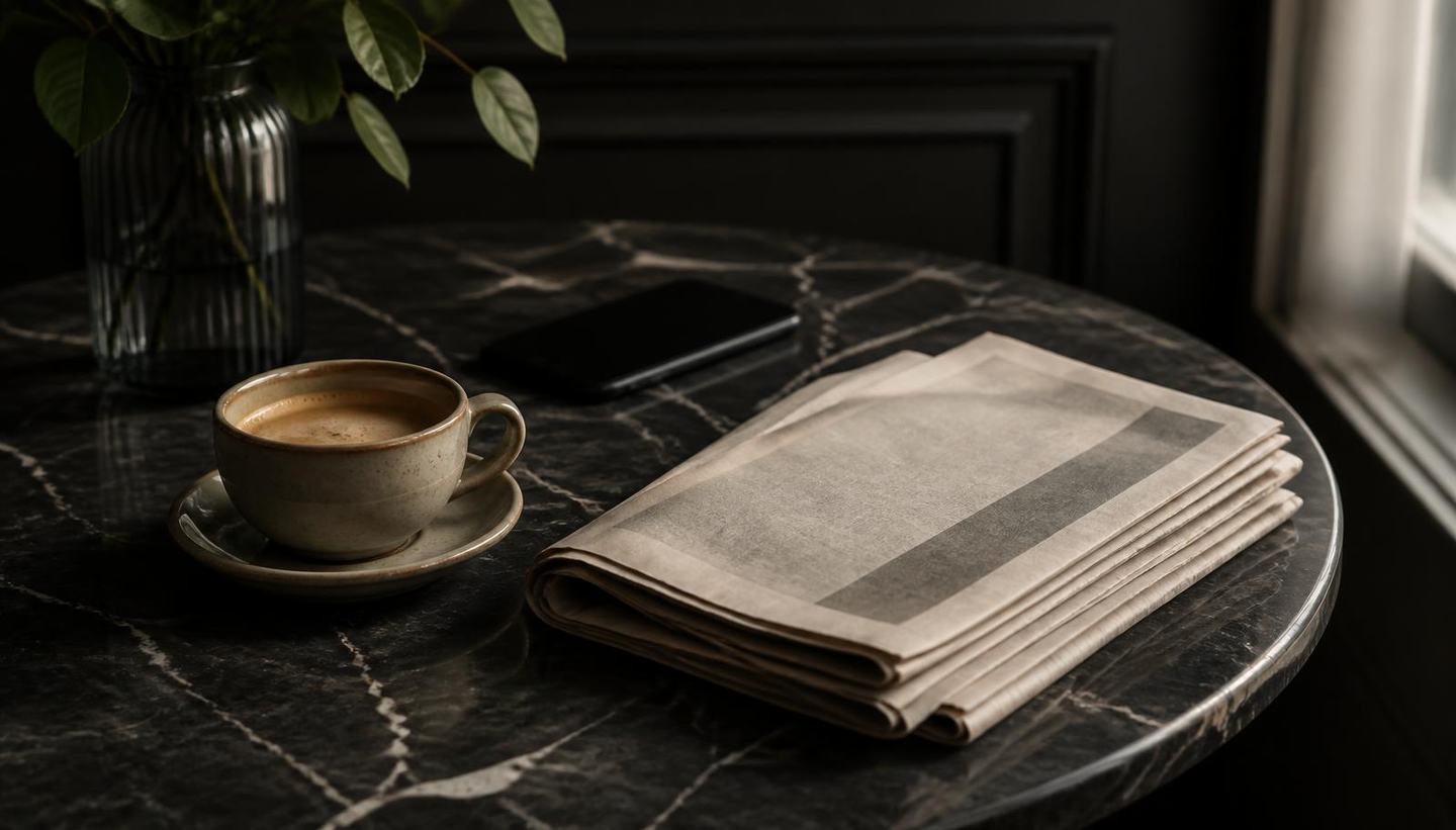 A morning coffee cup and folded newspaper on a dark marble table