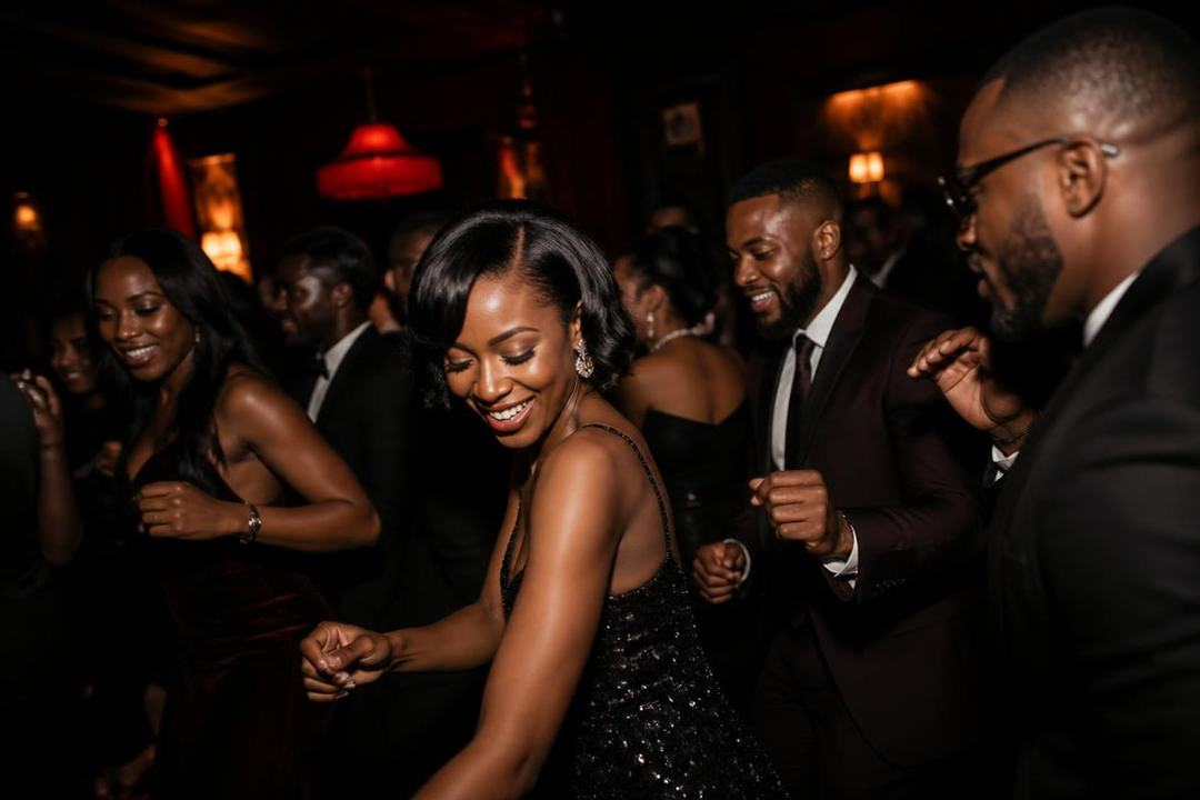 Well-dressed guests dancing at an upscale night party